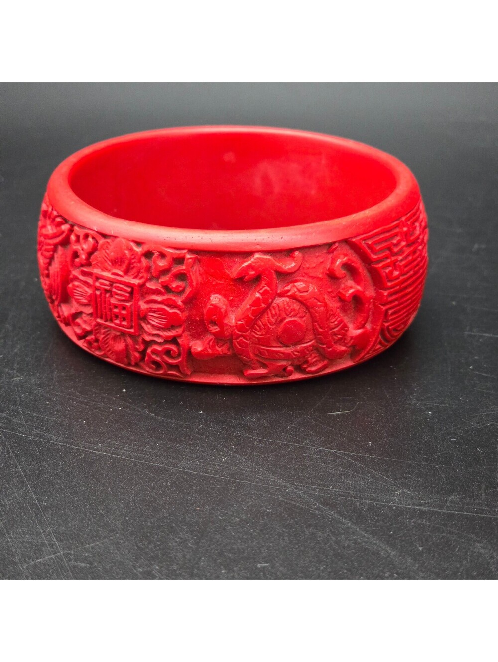 Vintage Red Faux Cinnabar Bangle Bracelet Carved Dragon Phoenix Double Happiness